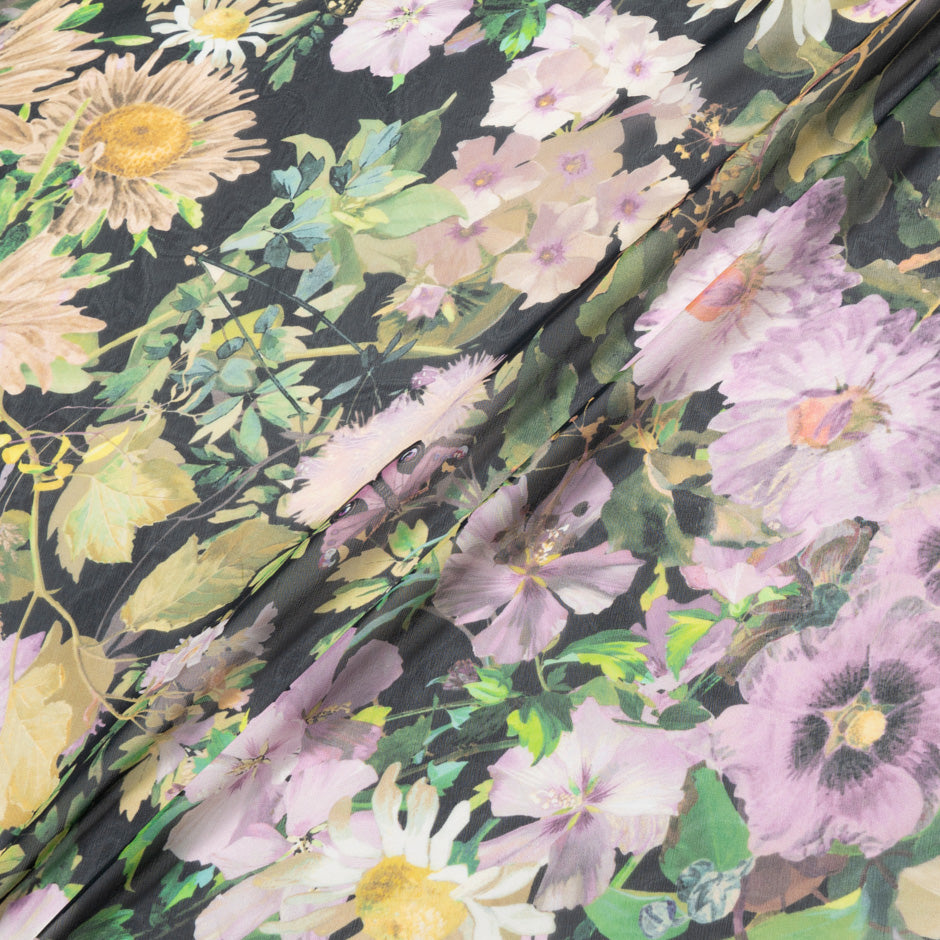 Large Floral Printed Black Pure Silk Georgette (A 2.65m Piece)