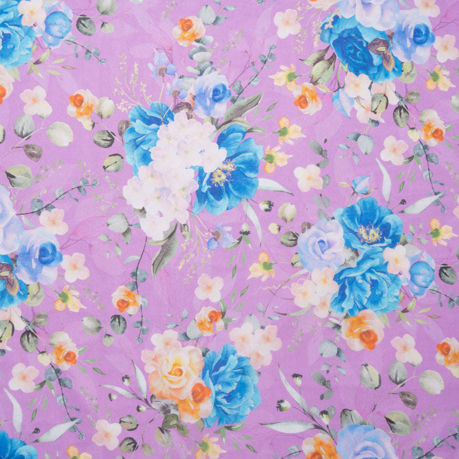 Blue & Orange Floral Printed Pink Silk Georgette