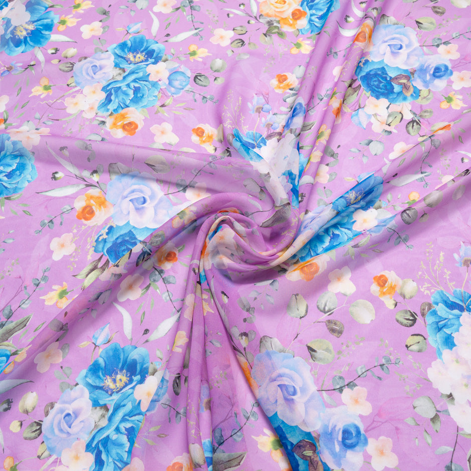 Blue & Orange Floral Printed Pink Silk Georgette