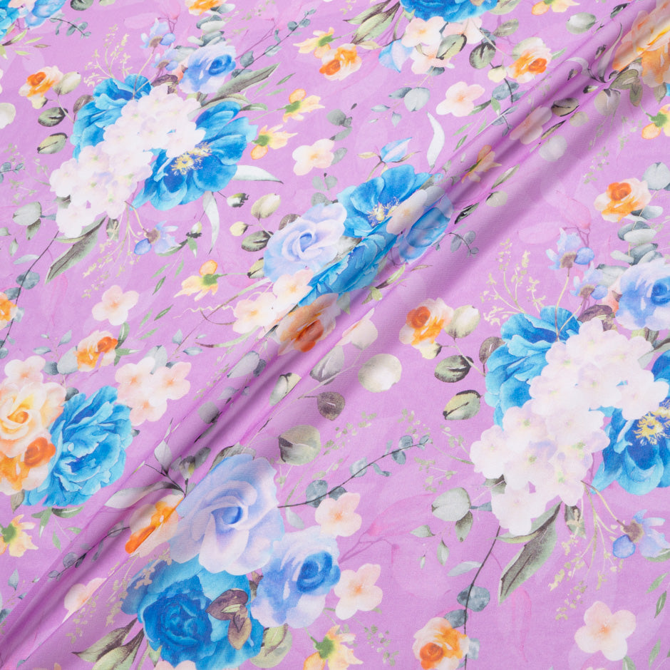 Blue & Orange Floral Printed Pink Silk Georgette