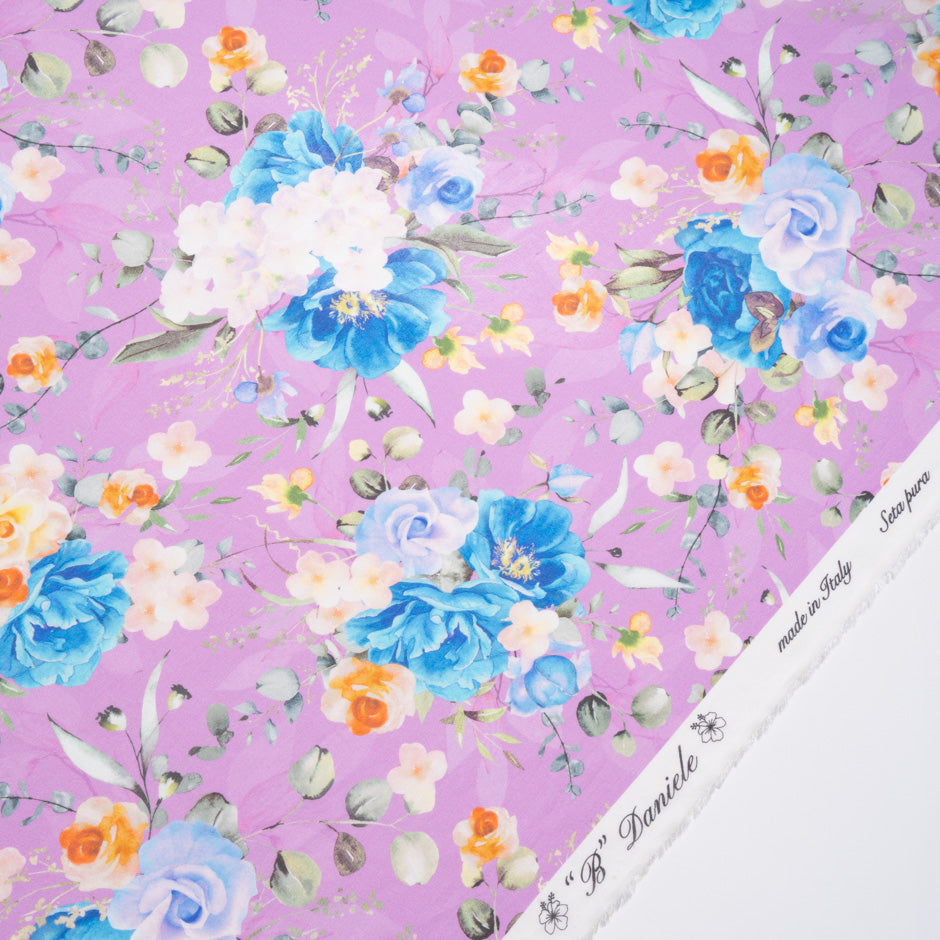 Blue & Orange Floral Printed Pink Silk Georgette