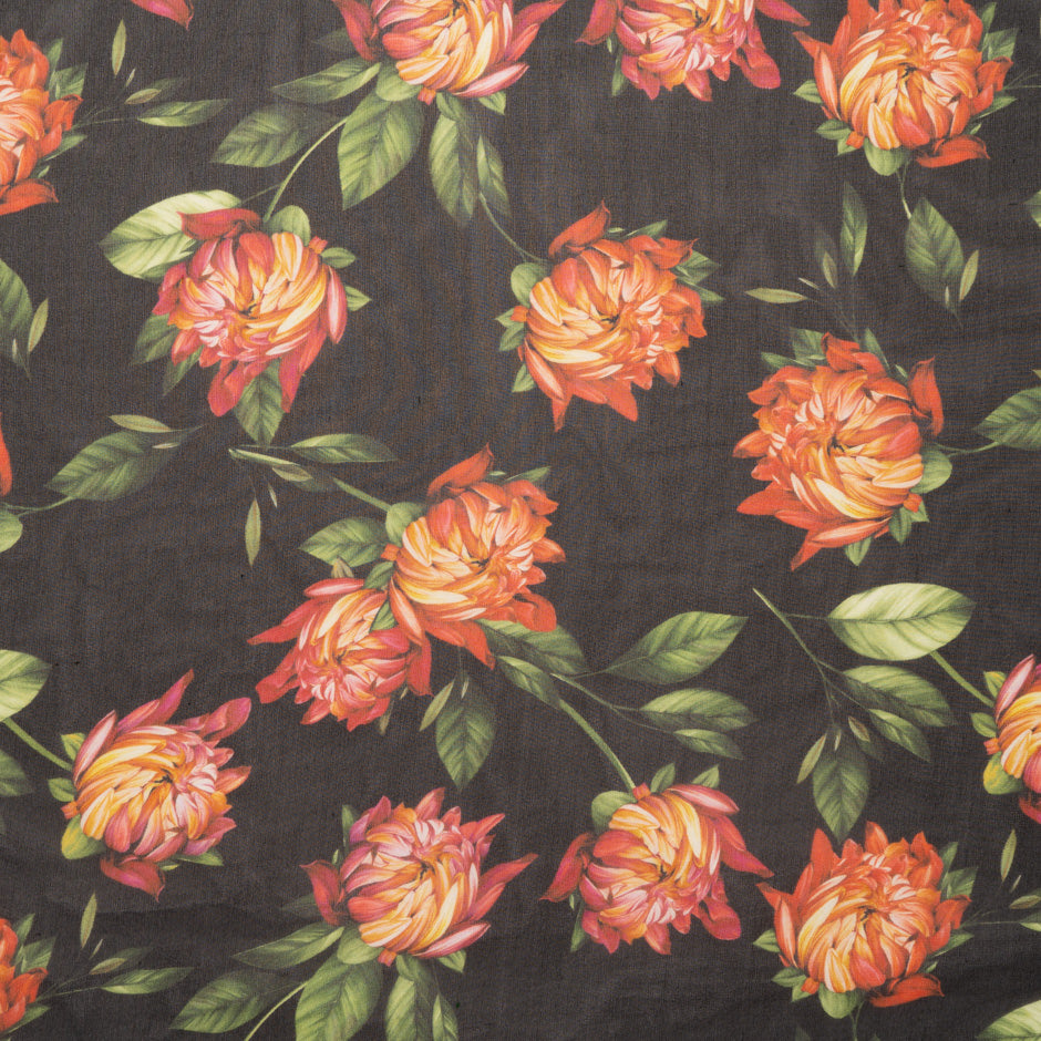 Orange Floral Printed Brown Pure Silk Georgette