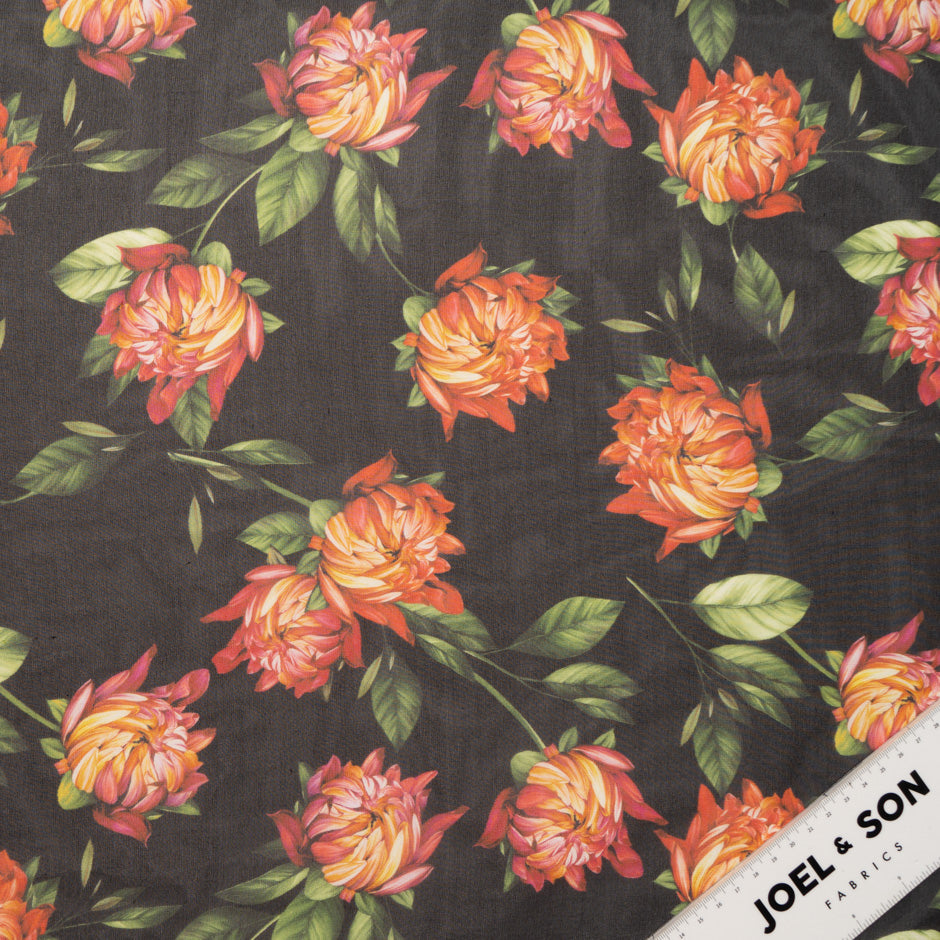 Orange Floral Printed Brown Pure Silk Georgette