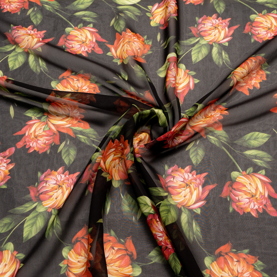 Orange Floral Printed Brown Pure Silk Georgette