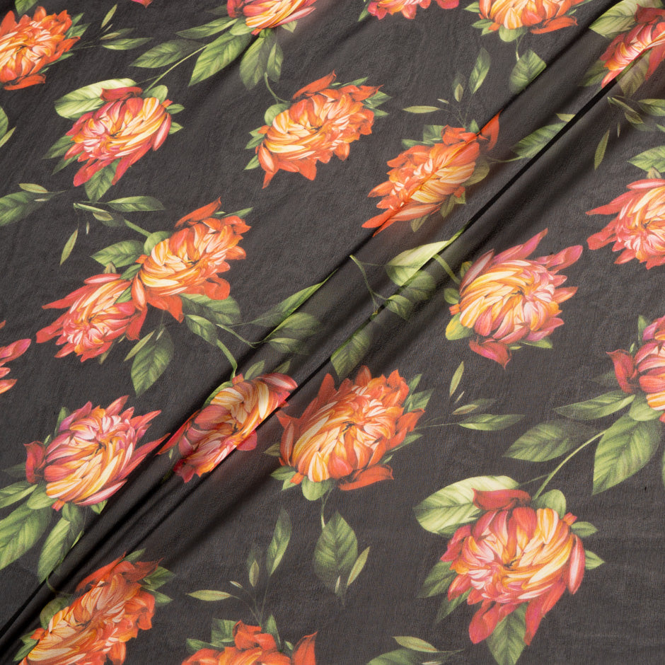 Orange Floral Printed Brown Pure Silk Georgette