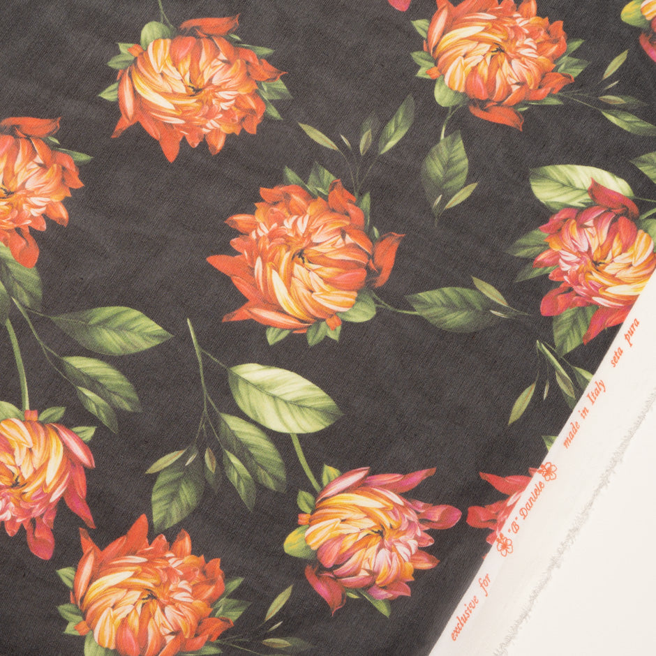 Orange Floral Printed Brown Pure Silk Georgette