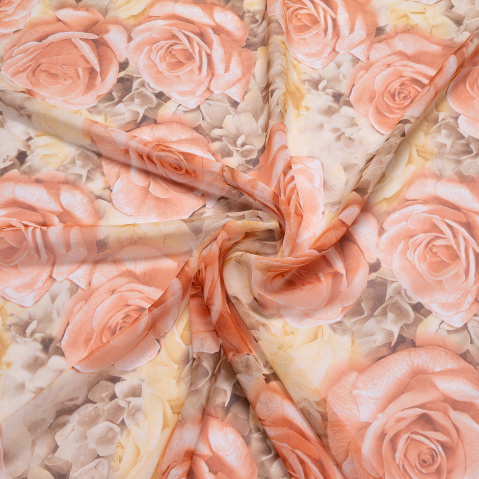 Bold Peach Rose Floral Pure Silk Georgette