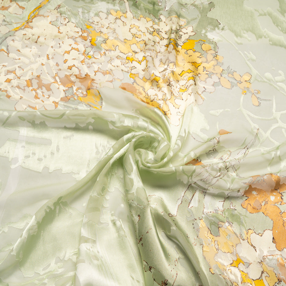 Deep Yellow & Green Abstract Floral Silk Fil Coupé Georgette
