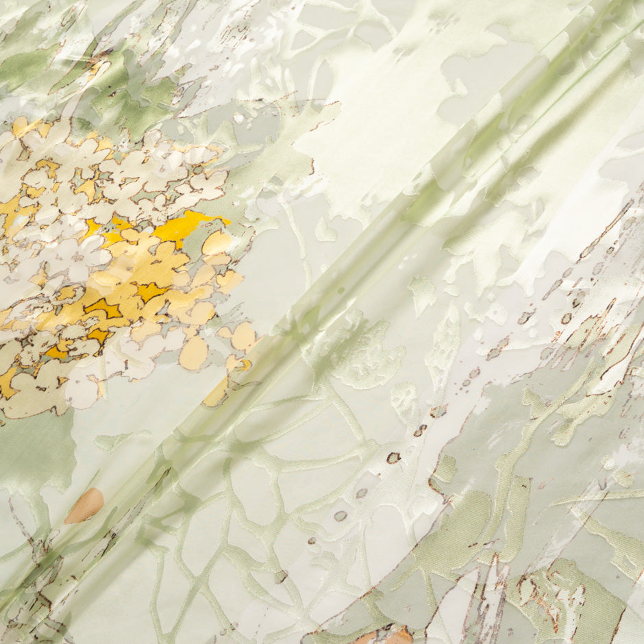 Deep Yellow & Green Abstract Floral Silk Fil Coupé Georgette