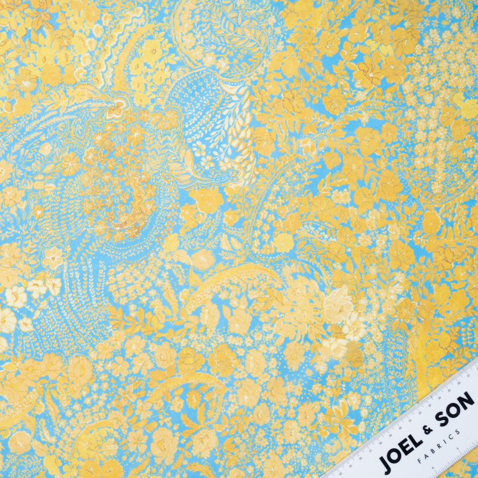 Canary Yellow Floral Printed Blue Silk Georgette (A 2.70m Piece)