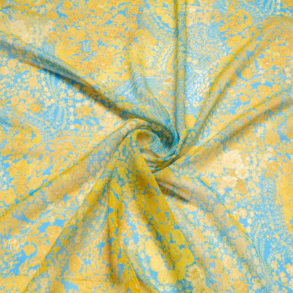 Canary Yellow Floral Printed Blue Silk Georgette (A 2.70m Piece)