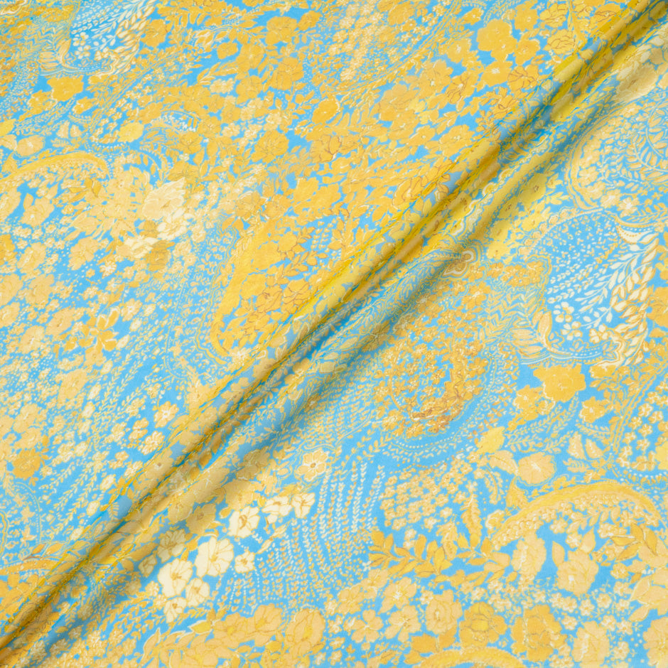 Canary Yellow Floral Printed Blue Silk Georgette (A 2.70m Piece)
