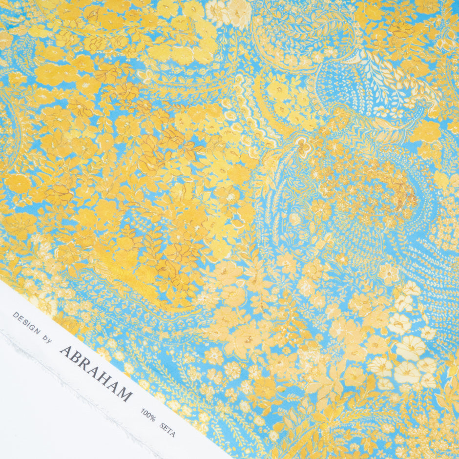 Canary Yellow Floral Printed Blue Silk Georgette (A 2.70m Piece)