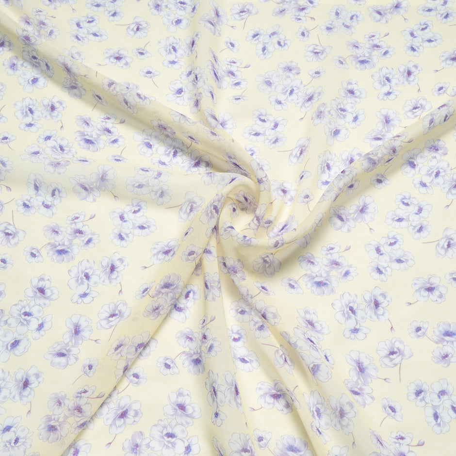 Lavender Floral Printed Lemon Yellow Silk Georgette