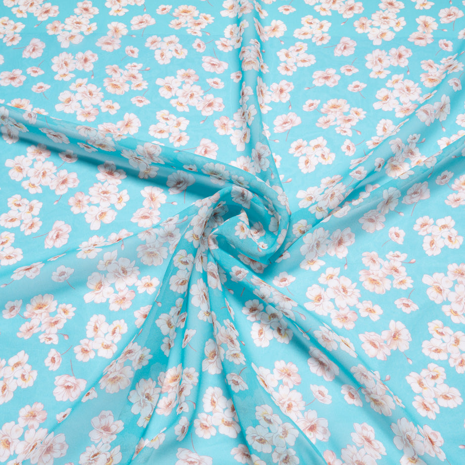 Floral Printed Rich Blue Silk Georgette