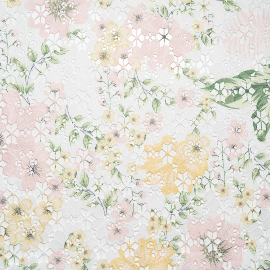 Pastel Floral Printed White Guipure Lace