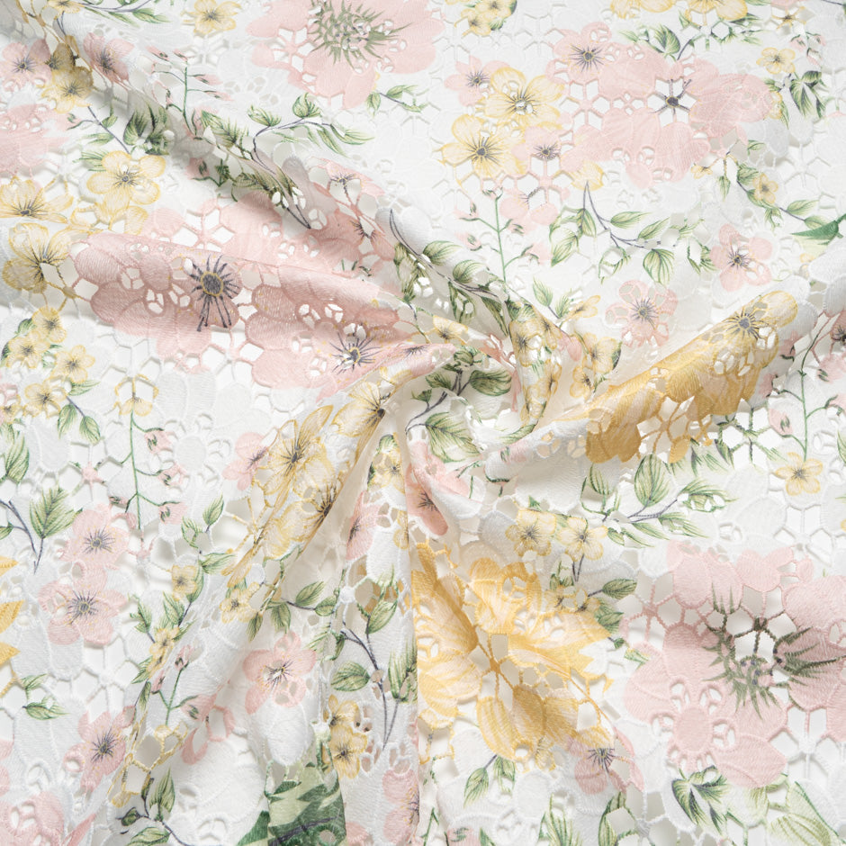 Pastel Floral Printed White Guipure Lace