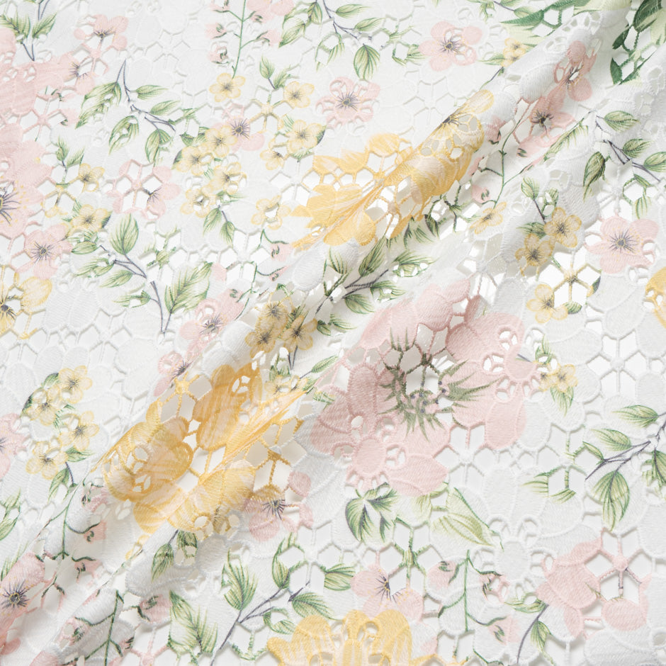 Pastel Floral Printed White Guipure Lace