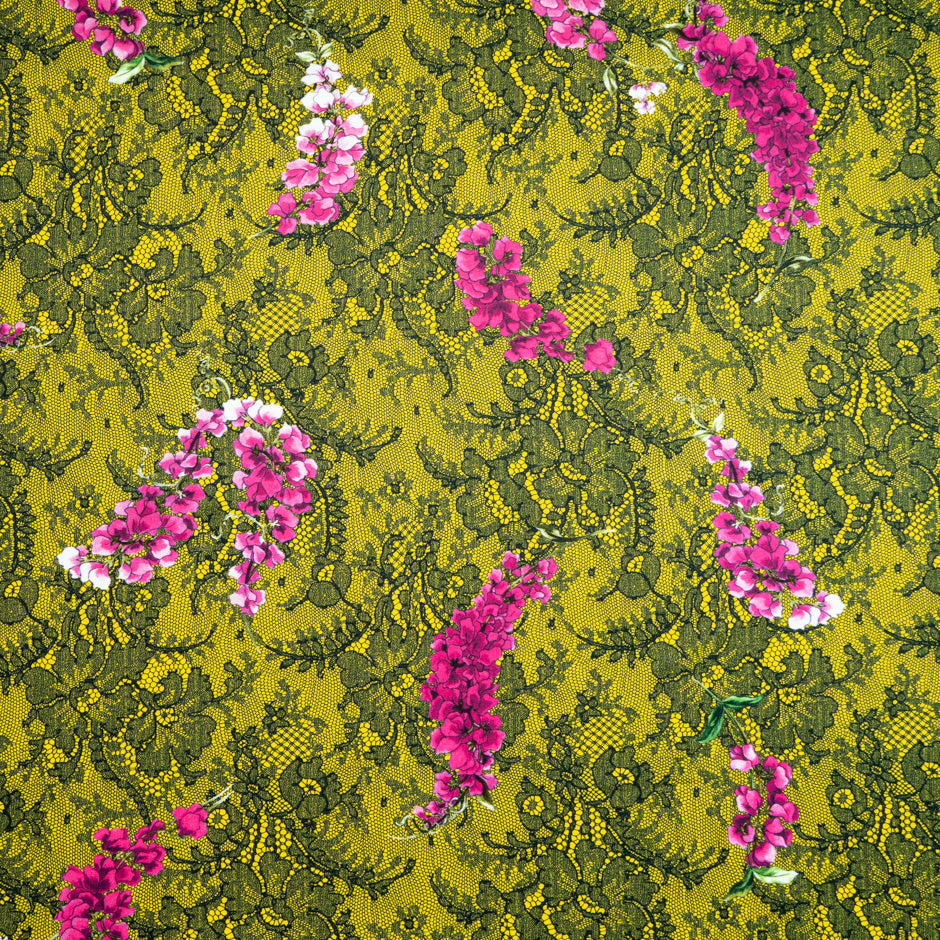 Pink Floral & Lace Printed Yellow Luxury Satin Cotton