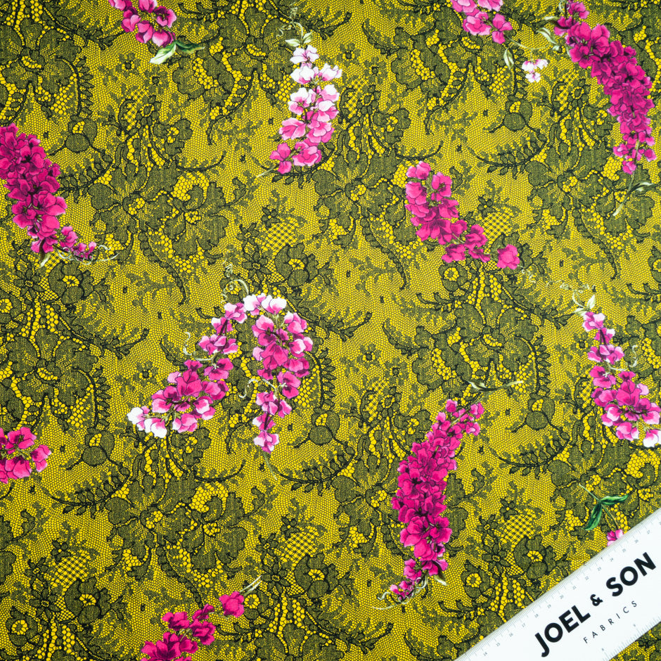 Pink Floral & Lace Printed Yellow Luxury Satin Cotton