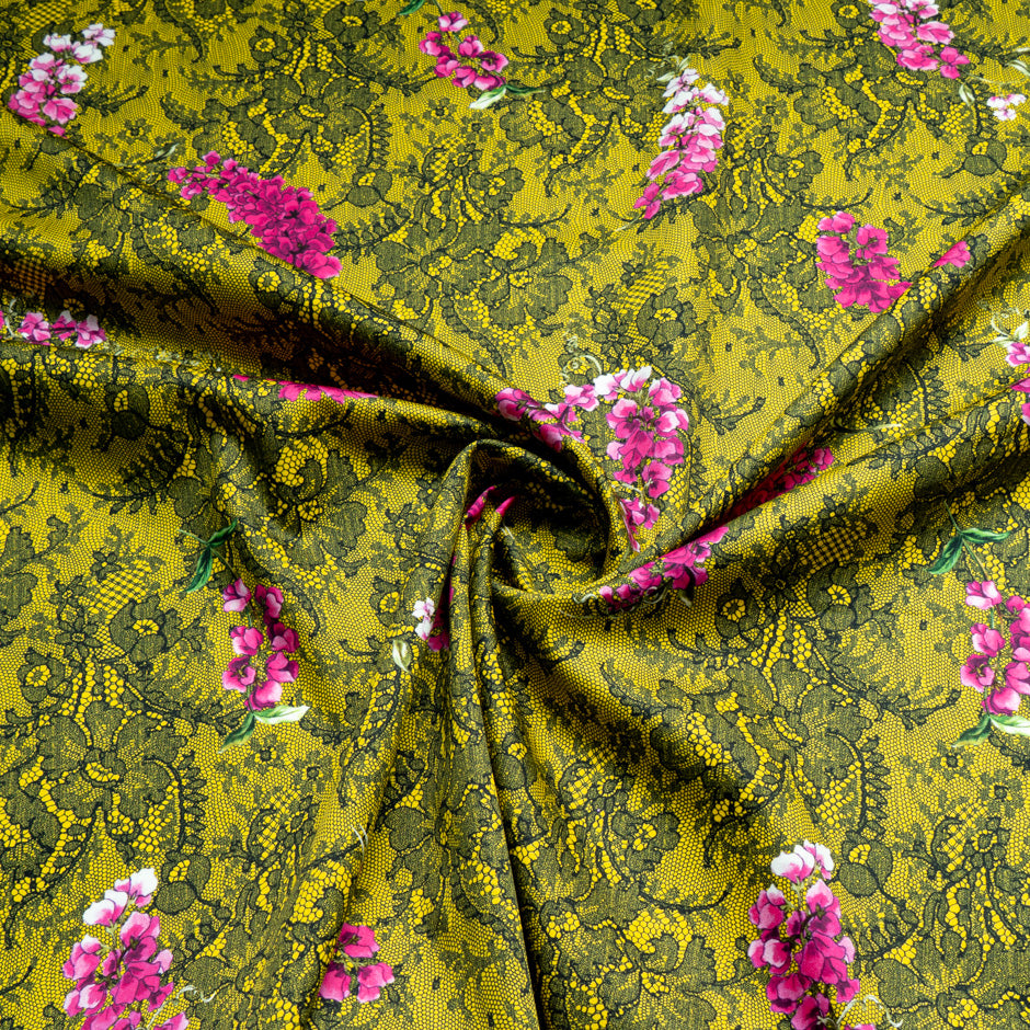 Pink Floral & Lace Printed Yellow Luxury Satin Cotton