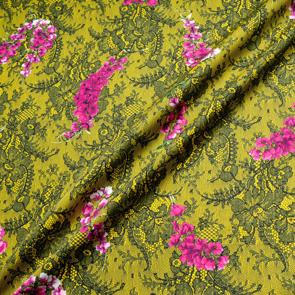 Pink Floral & Lace Printed Yellow Luxury Satin Cotton
