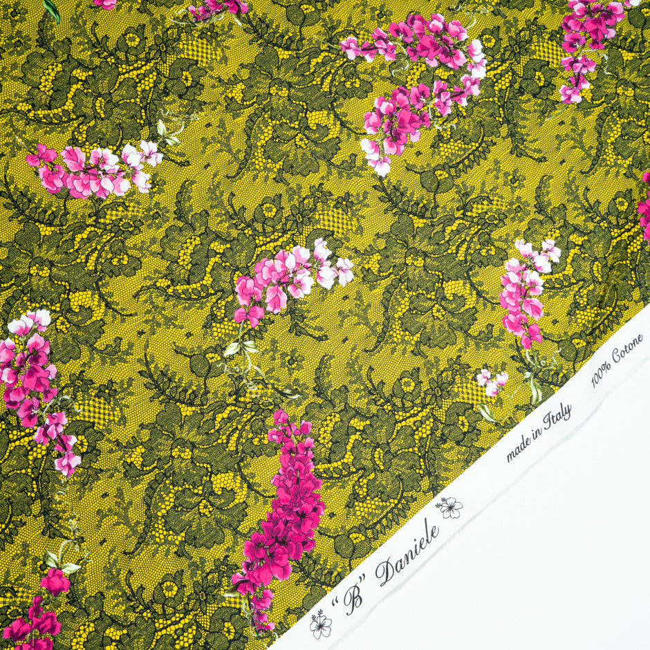 Pink Floral & Lace Printed Yellow Luxury Satin Cotton