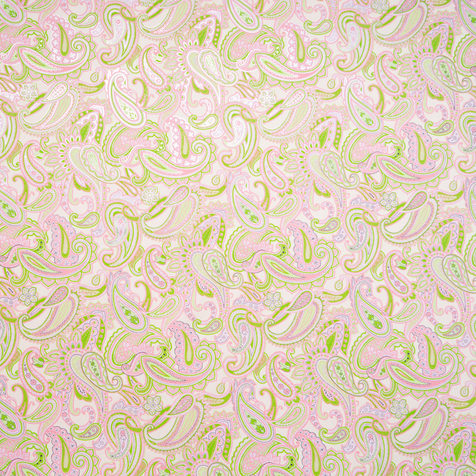 Baby Pink & Lime Paisley Vision Printed Metallic Cotton
