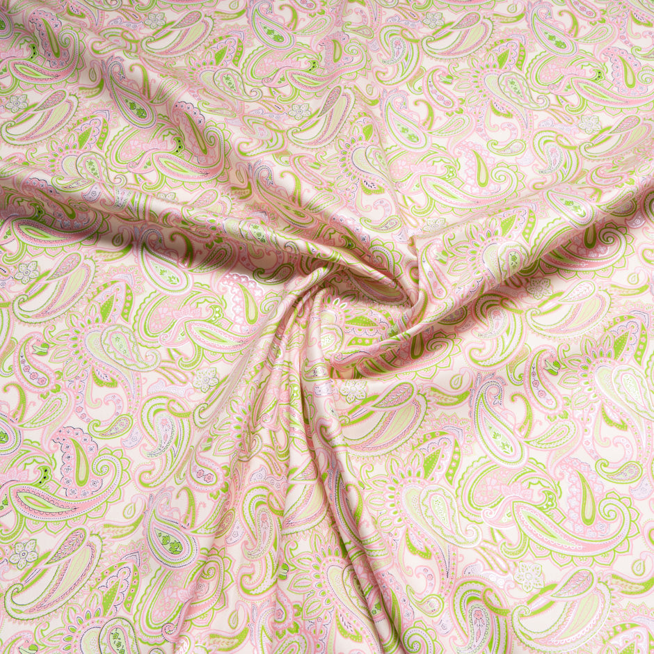 Baby Pink & Lime Paisley Vision Printed Metallic Cotton