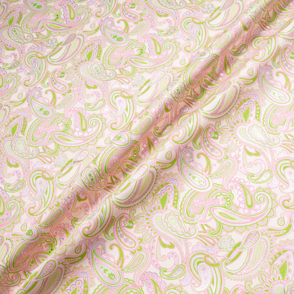 Baby Pink & Lime Paisley Vision Printed Metallic Cotton