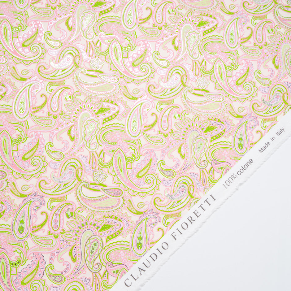 Baby Pink & Lime Paisley Vision Printed Metallic Cotton
