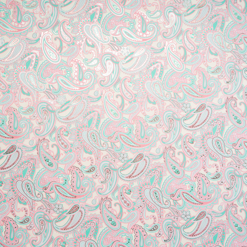 Pink & Turquoise Paisley Vision Printed Metallic Cotton