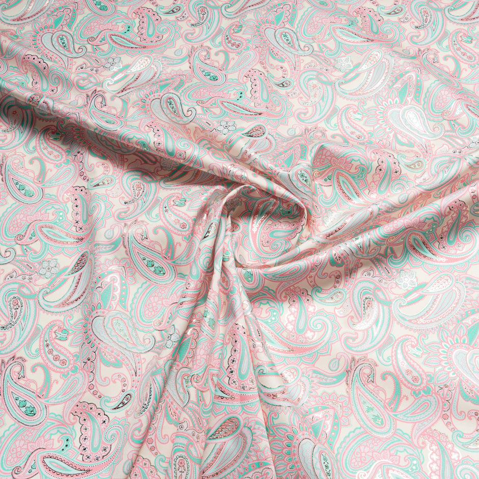 Pink & Turquoise Paisley Vision Printed Metallic Cotton