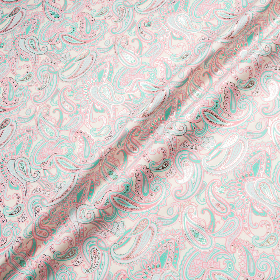 Pink & Turquoise Paisley Vision Printed Metallic Cotton