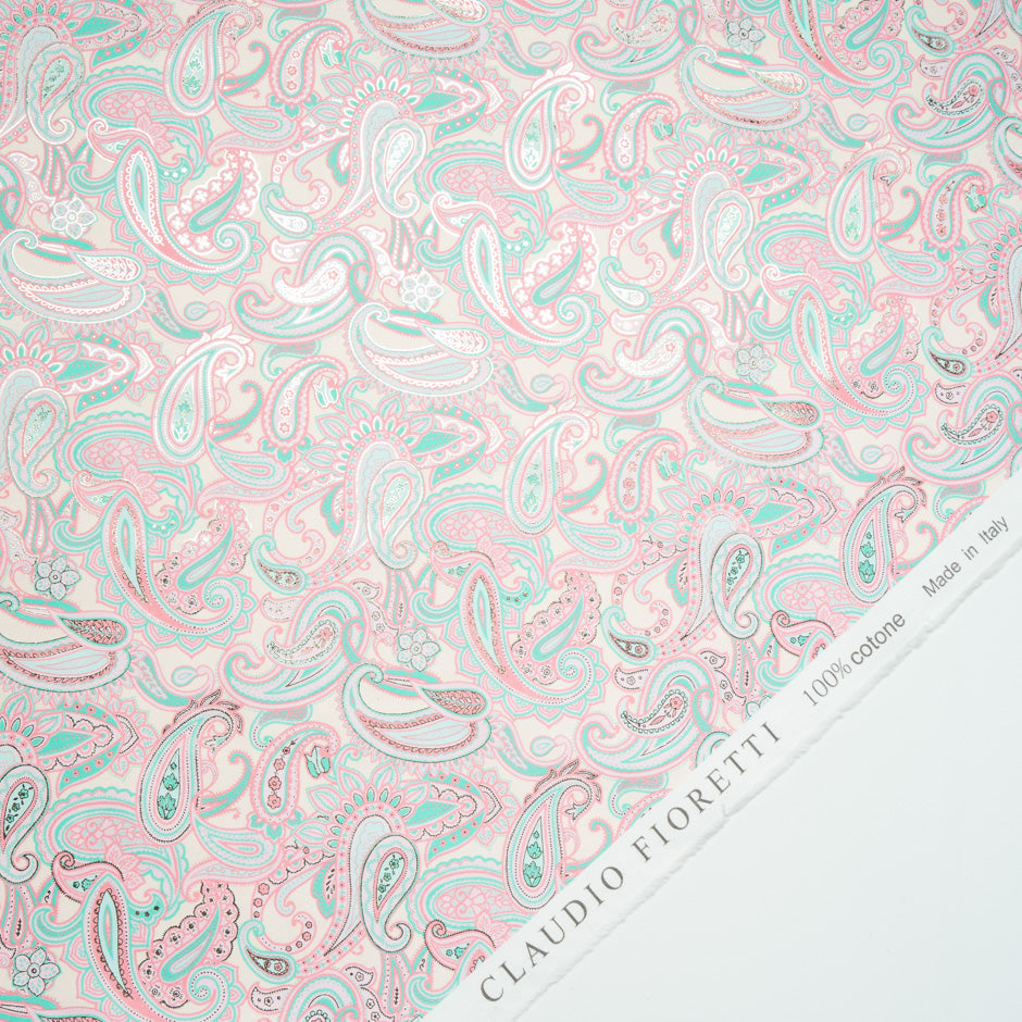 Pink & Turquoise Paisley Vision Printed Metallic Cotton