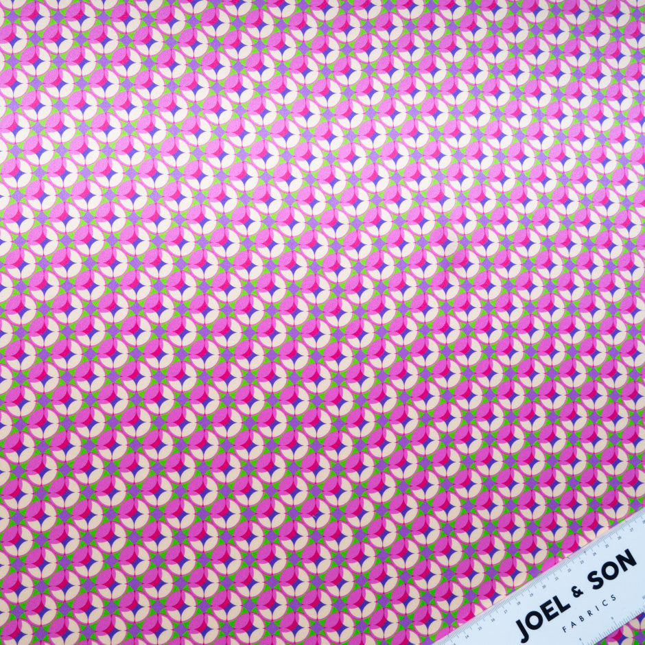 Pink, Green & Lilac Geometric Printed Silk Satin
