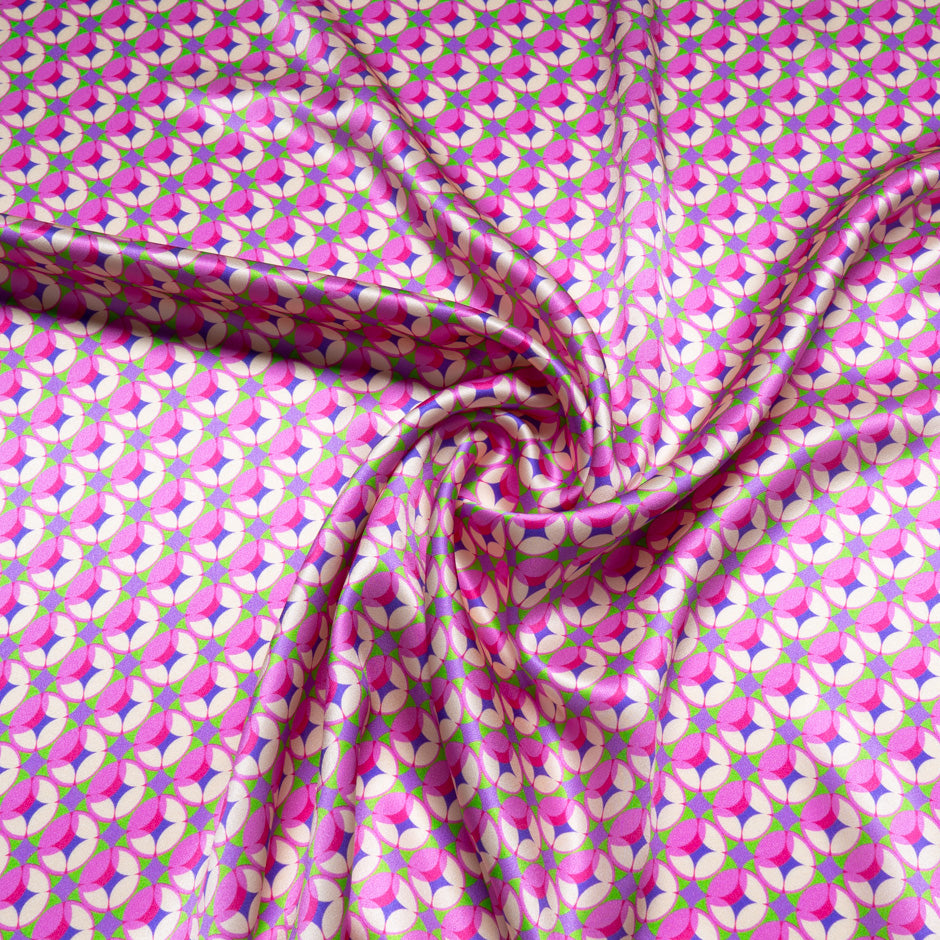 Pink, Green & Lilac Geometric Printed Silk Satin