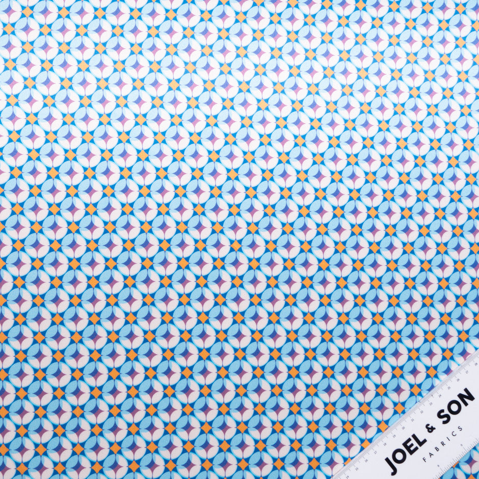 Blue, Yellow & Lilac Geometric Printed Silk Satin