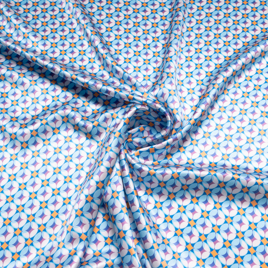 Blue, Yellow & Lilac Geometric Printed Silk Satin