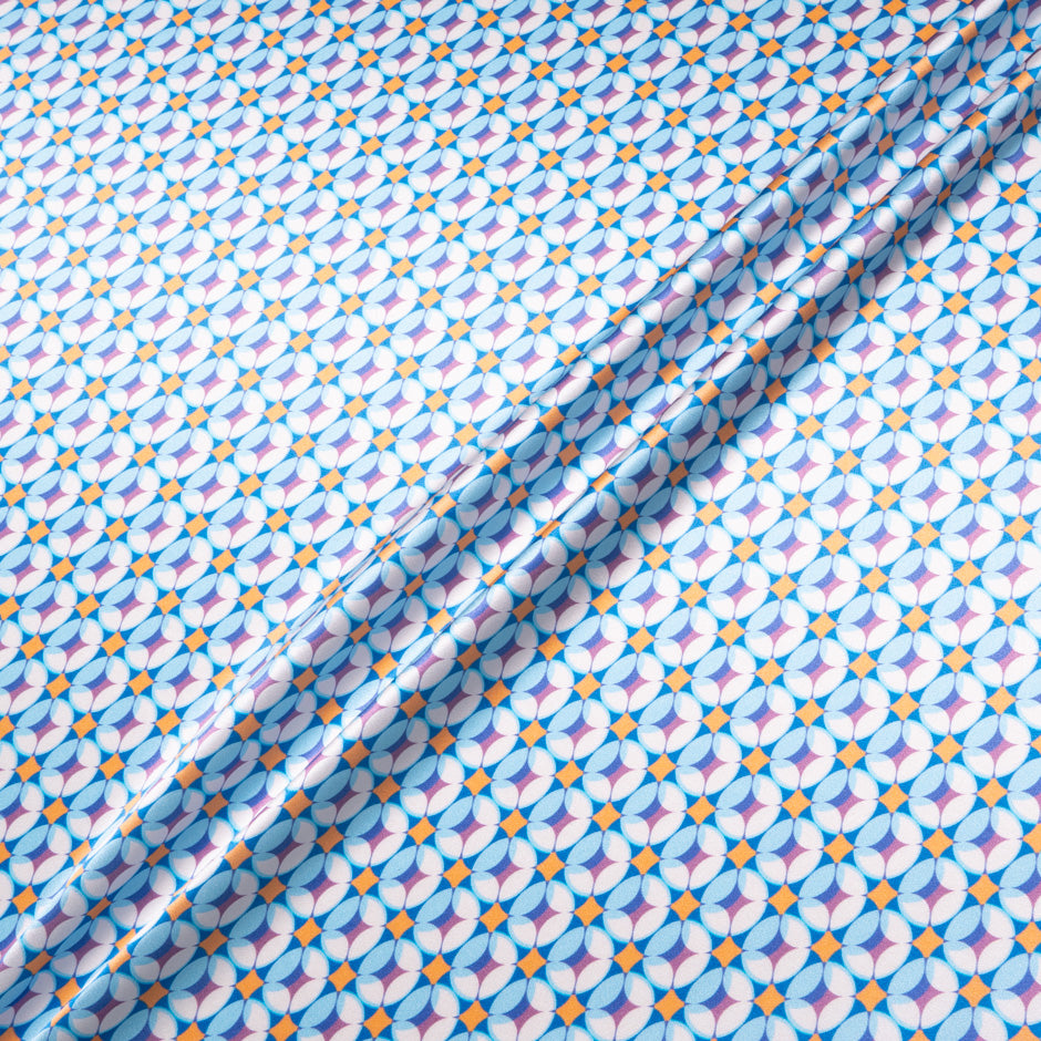 Blue, Yellow & Lilac Geometric Printed Silk Satin