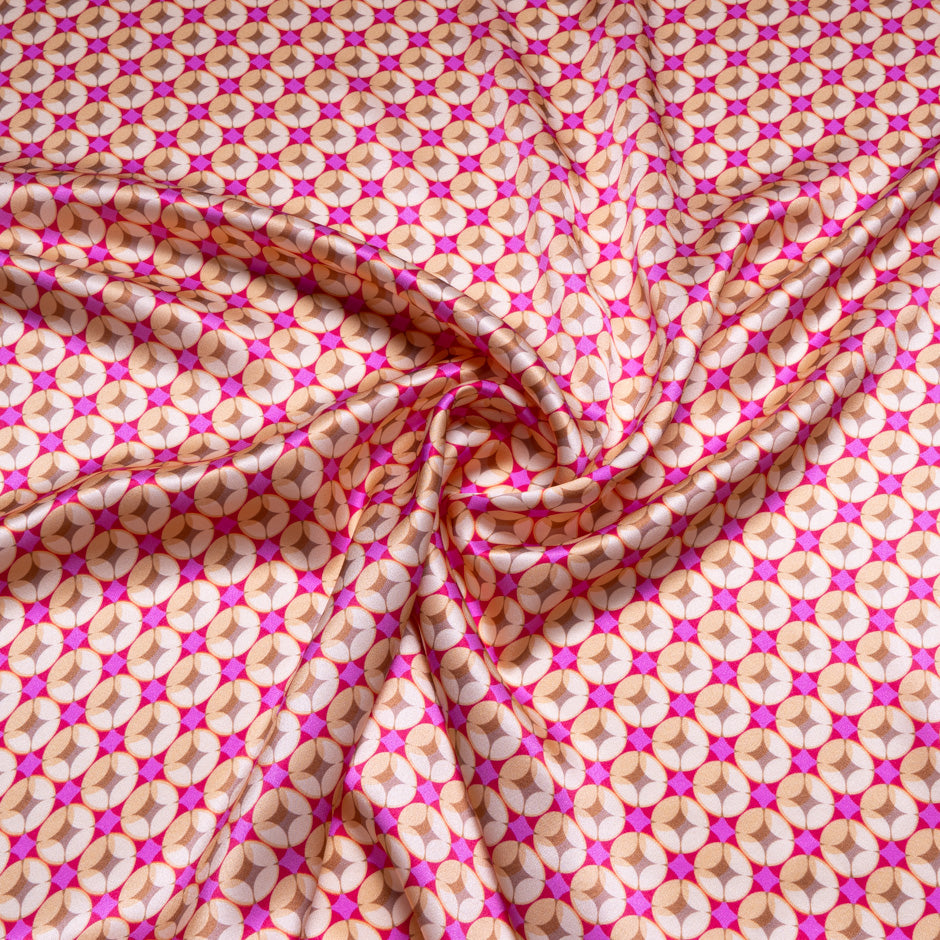 Bright Pink & Custard Geometric Printed Silk Satin
