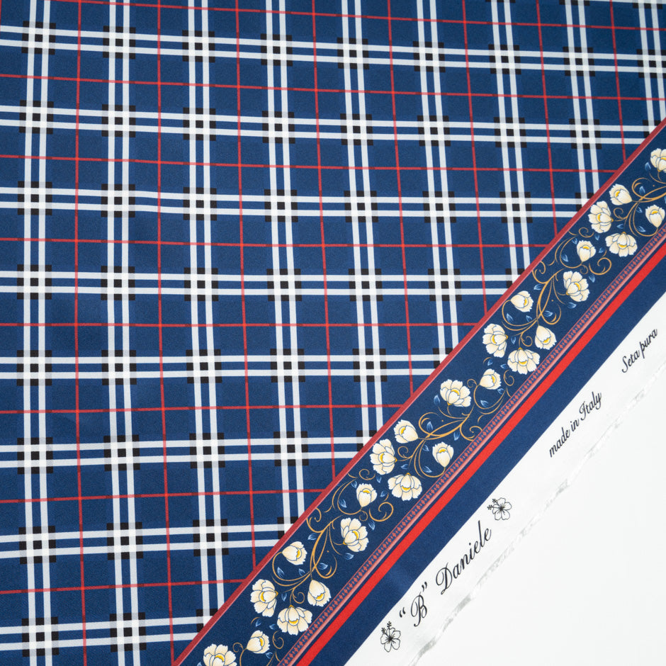Blue Tartan Printed Pure Silk Twill