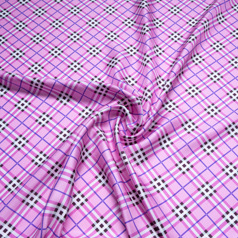 Candy Pink Tartan Printed Pure Silk Twill