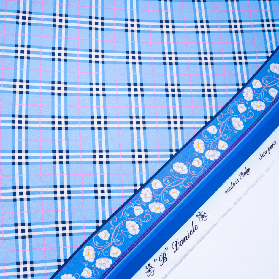 Sky Blue Tartan Printed Pure Silk Twill