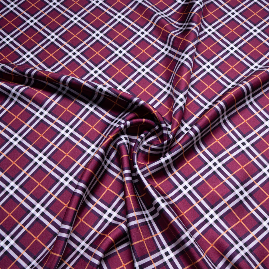 Burgundy Tartan Printed Pure Silk Twill