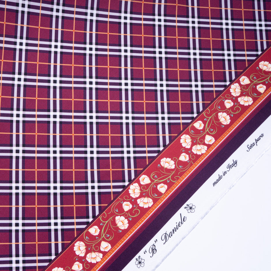 Burgundy Tartan Printed Pure Silk Twill