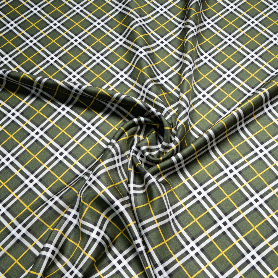 Khaki Green Tartan Printed Pure Silk Twill