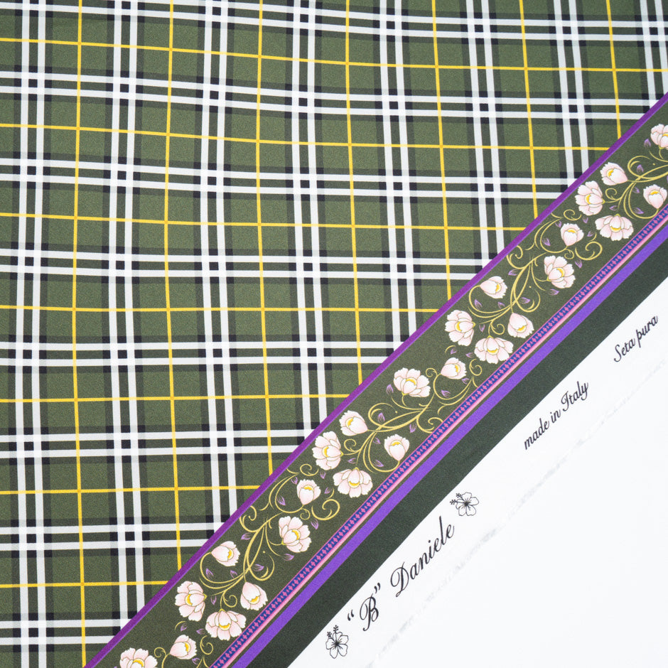 Khaki Green Tartan Printed Pure Silk Twill