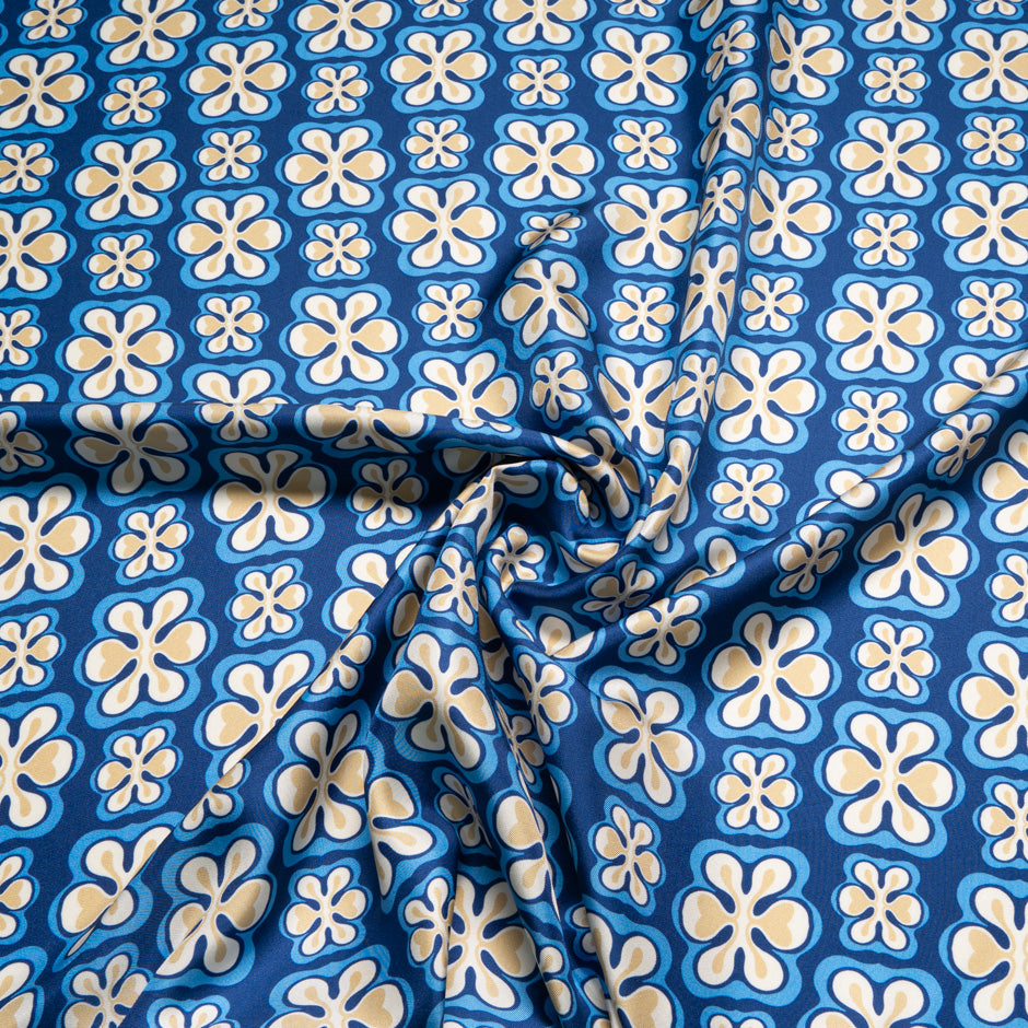 Two-Tone Blue & Yellow Geometric Floral Silk Twill