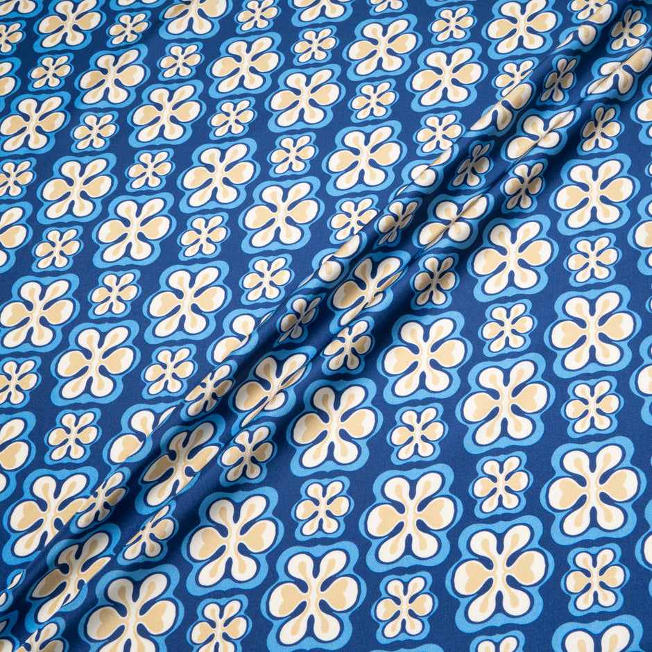 Two-Tone Blue & Yellow Geometric Floral Silk Twill
